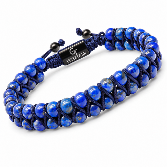 Men's lapis lazuli double-bead bracelet, blue beads with braided dark cord and tag
