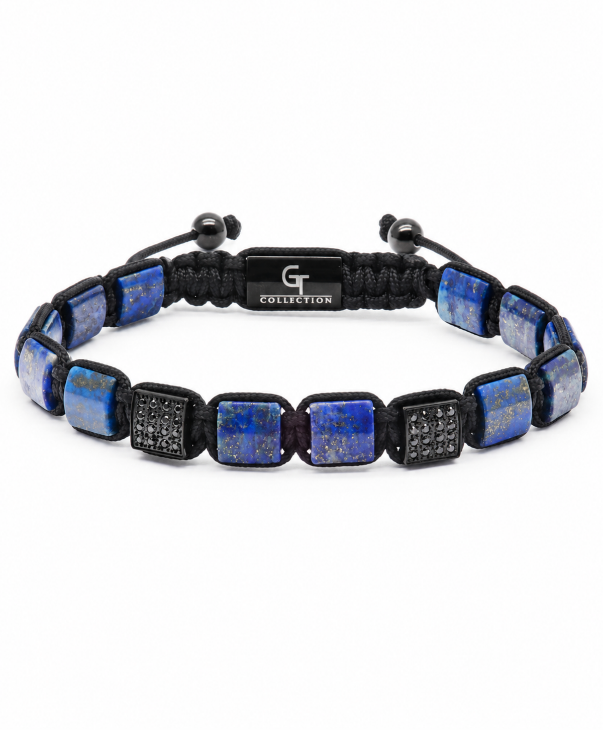 Adjustable blue and black bead bracelet with square lapis-like segments and black knots