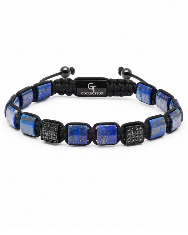 Adjustable blue and black bead bracelet with square lapis-like segments and black knots