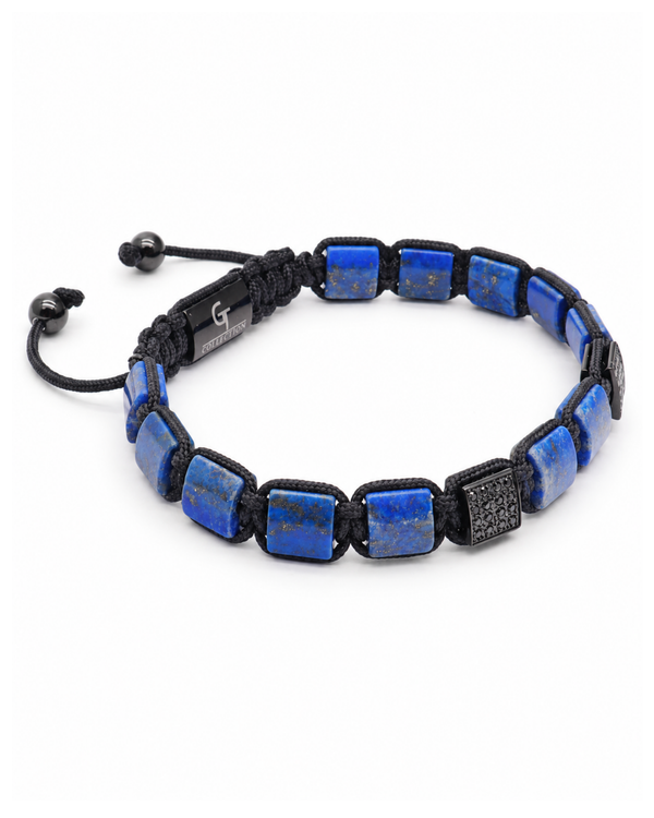 Blue and black flat-bead bracelet with woven black cord and square lapis-like segments