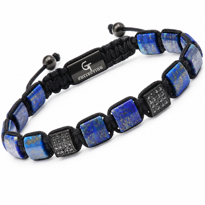 Black cord bracelet with blue lapis-style stone blocks and dark metal square accents