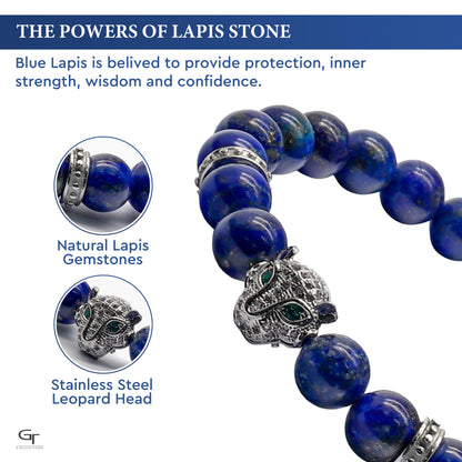 Men's LAPIS LAZULI Bracelet With Silver LEOPARD Head