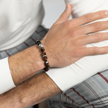 Men's RED TIGER EYE, ONYX Bracelet with Silver LION Head