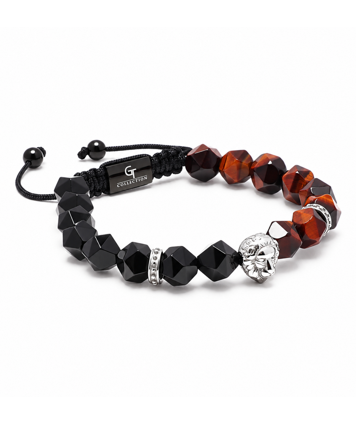 Lion-head beaded bracelet with black beads and orange-brown stone accents.
