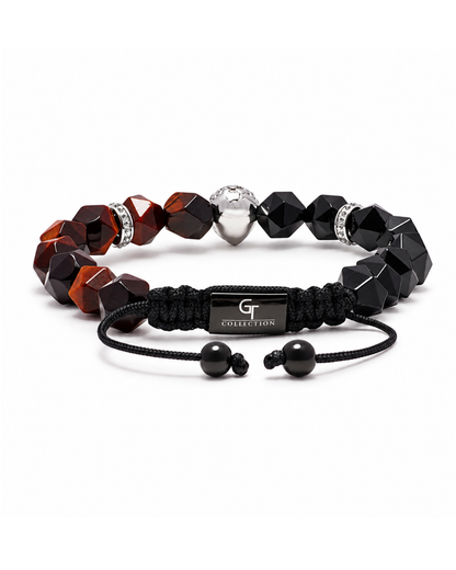 Beaded lion bracelet with black cord and mixed orange-brown and black stone links.