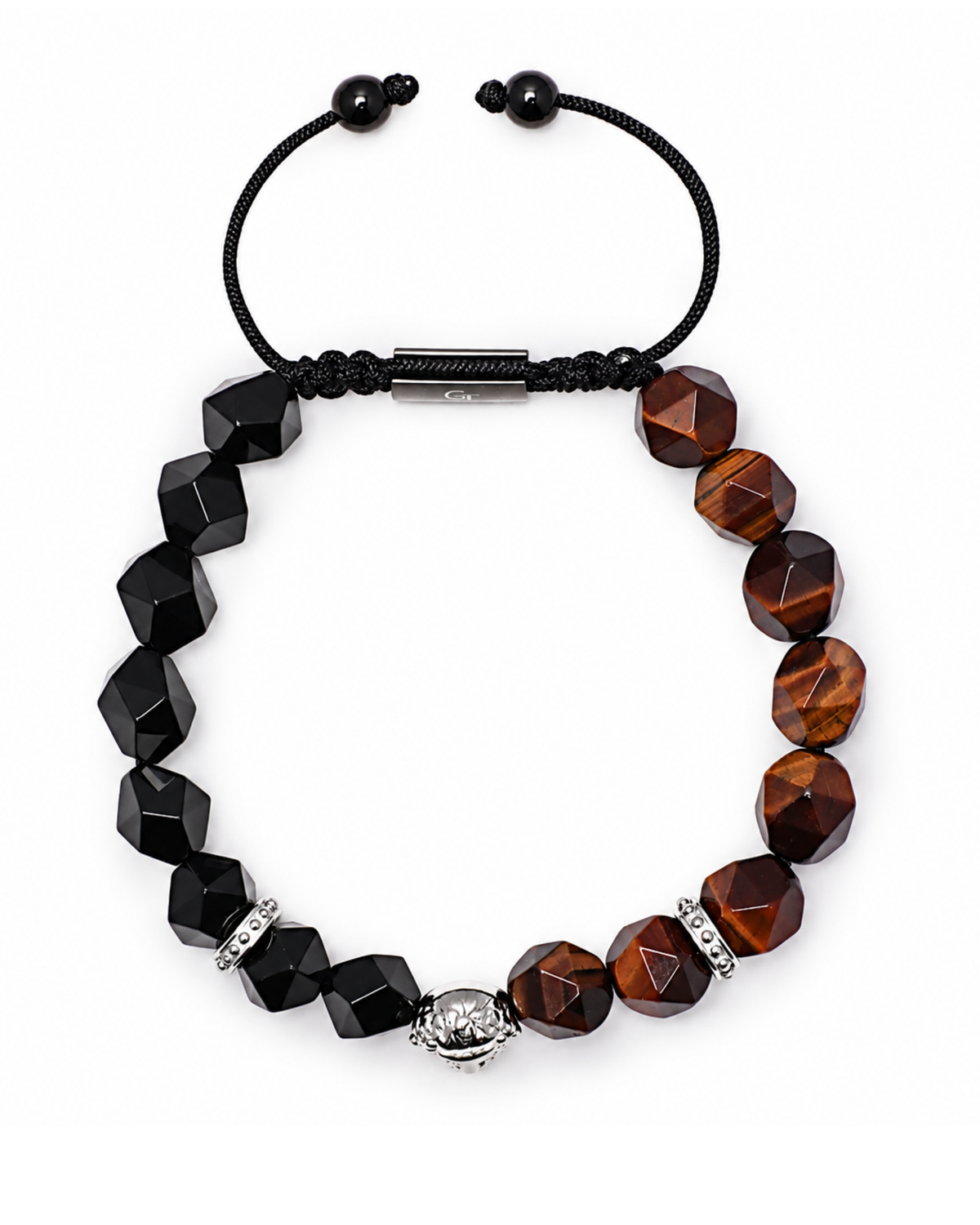 Macrame beaded bracelet with black faceted beads and orange-brown stone centerpiece.