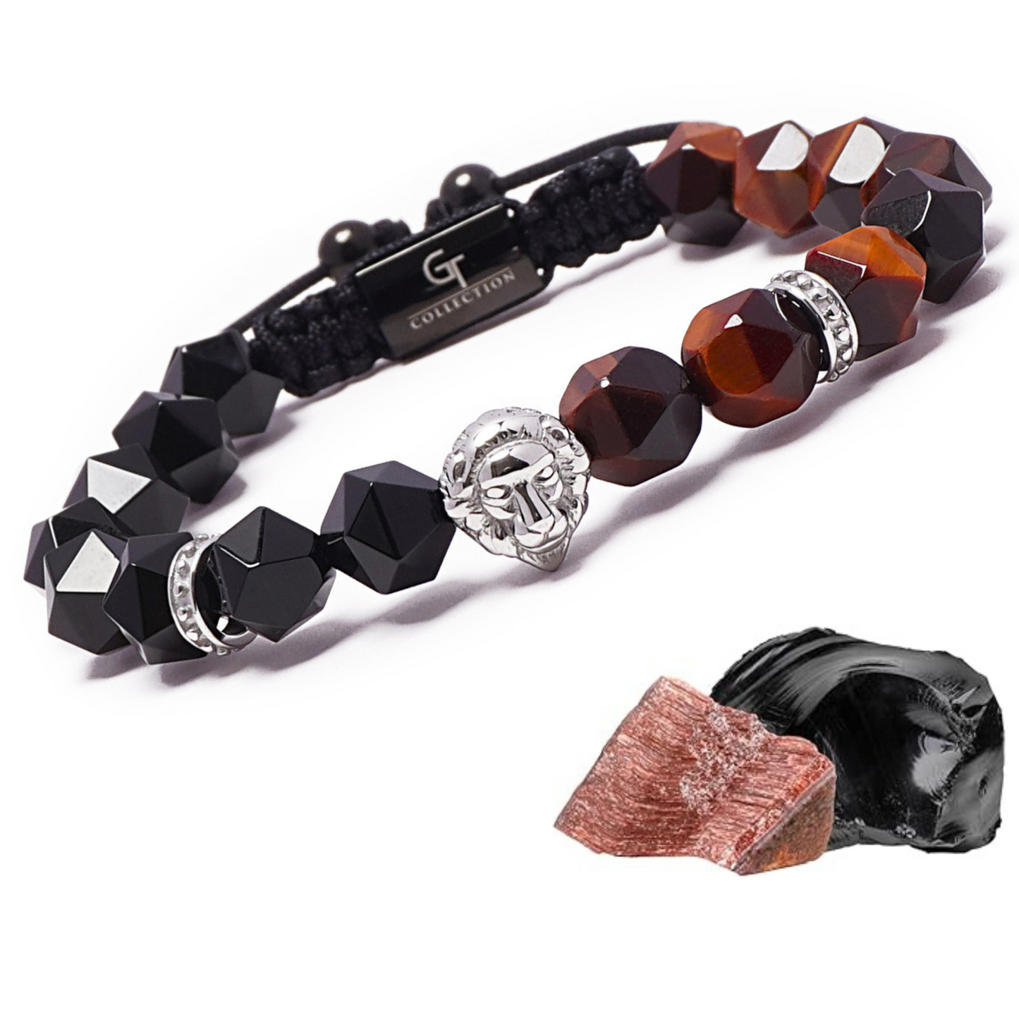 Men's RED TIGER EYE, ONYX Bracelet with Silver LION Head