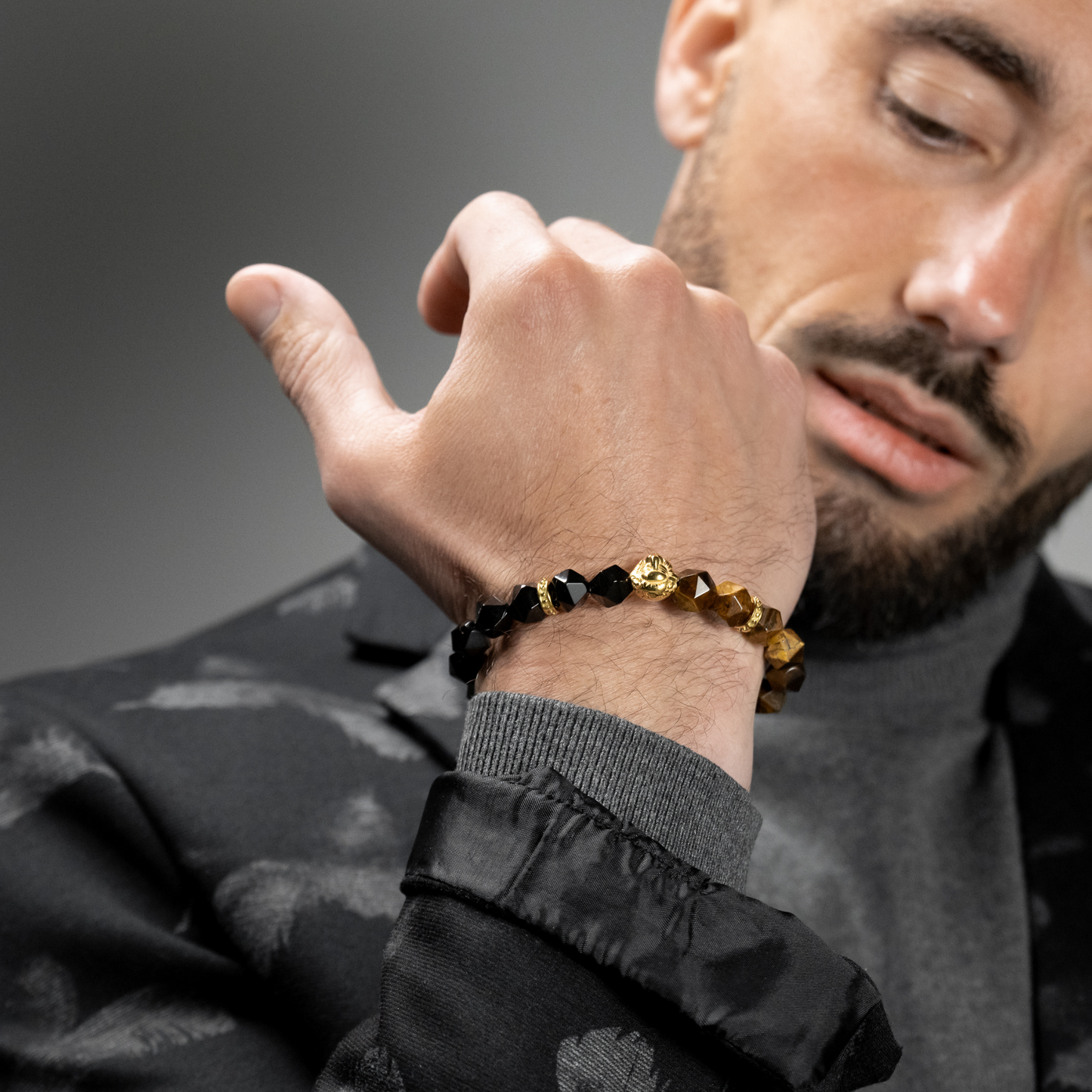 Men's TIGER EYE, ONYX Bracelet with Golden LION Head
