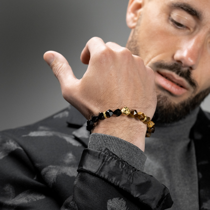 Men's TIGER EYE, ONYX Bracelet with Golden LION Head
