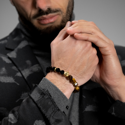 Men's TIGER EYE, ONYX Bracelet with Golden LION Head