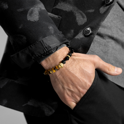 Men's TIGER EYE, ONYX Bracelet with Golden LION Head