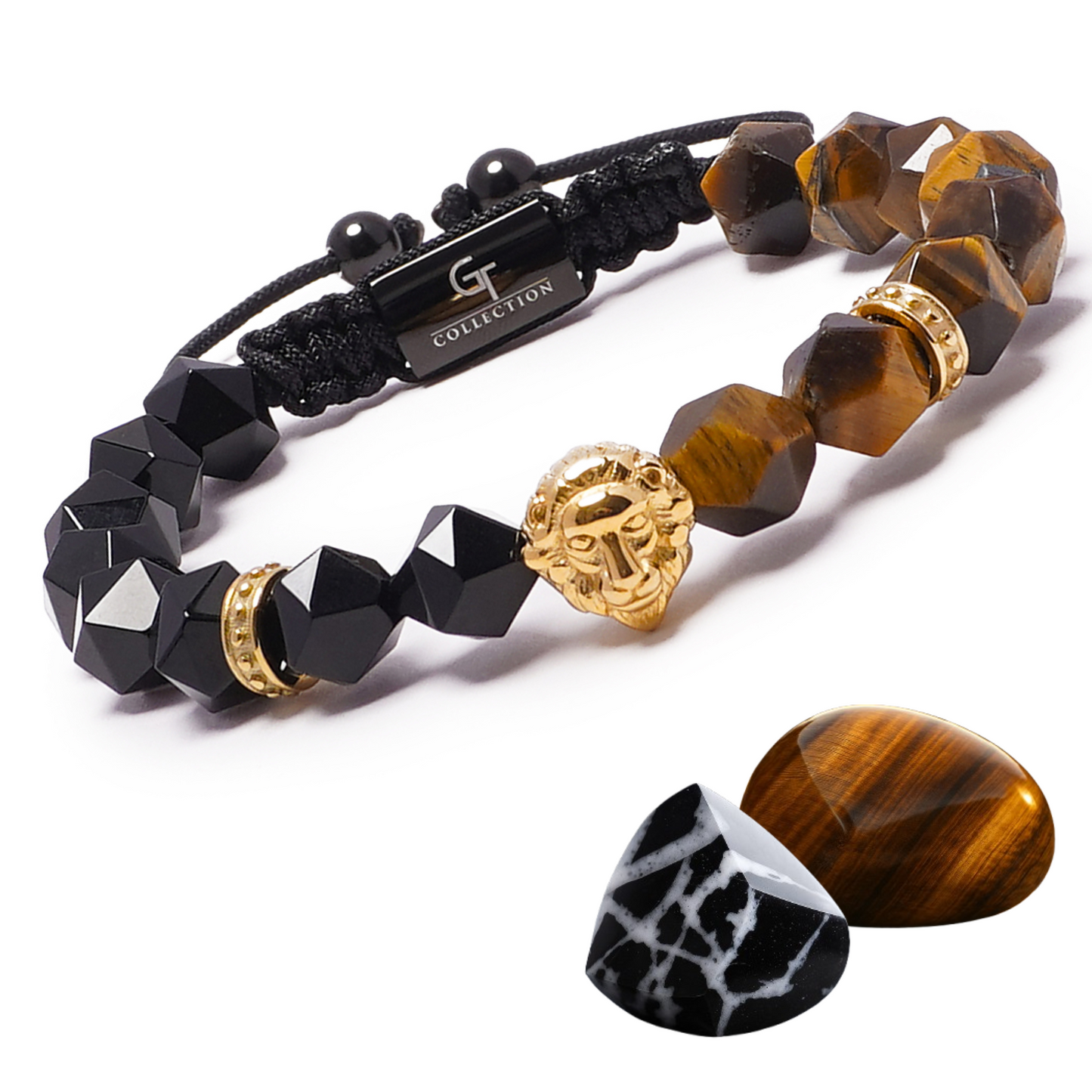 Men's TIGER EYE, ONYX Bracelet with Golden LION Head