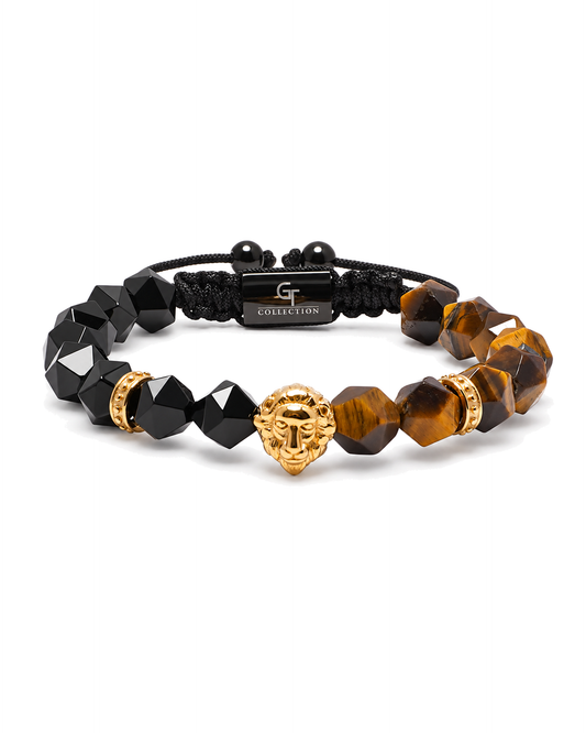 Black faceted bead bracelet with tiger-eye beads and gold lion head charm