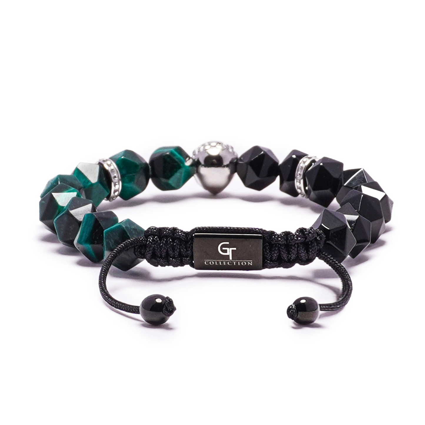 Men's GREEN TIGER EYE, ONYX Bracelet with Silver LION Head