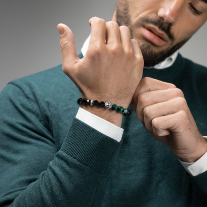 Men's GREEN TIGER EYE, ONYX Bracelet with Silver LION Head