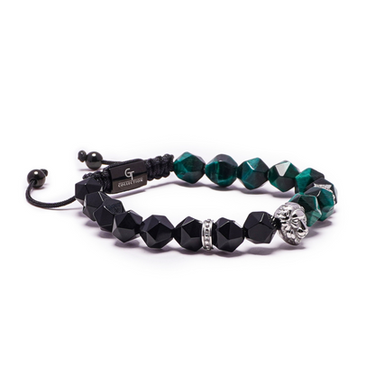 Men's GREEN TIGER EYE, ONYX Bracelet with Silver LION Head