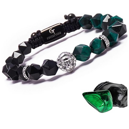 Men's GREEN TIGER EYE, ONYX Bracelet with Silver LION Head