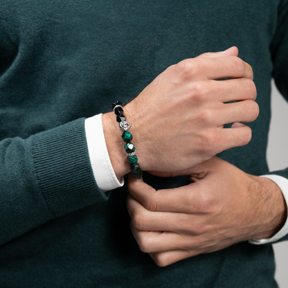 Men's GREEN TIGER EYE, ONYX Bracelet with Silver LION Head