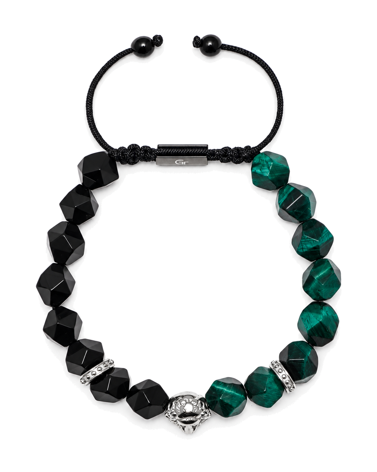 Beaded lion charm bracelet with black faceted beads, green stones, and adjustable cord.