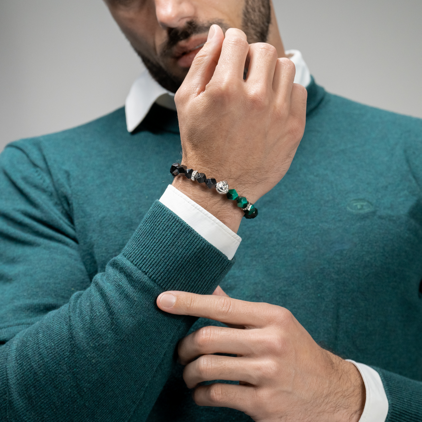 Men's GREEN TIGER EYE, ONYX Bracelet with Silver LION Head