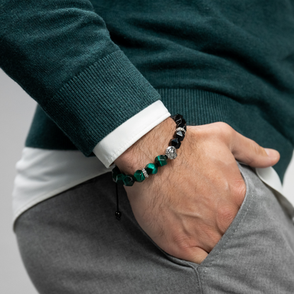 Men's GREEN TIGER EYE, ONYX Bracelet with Silver LION Head