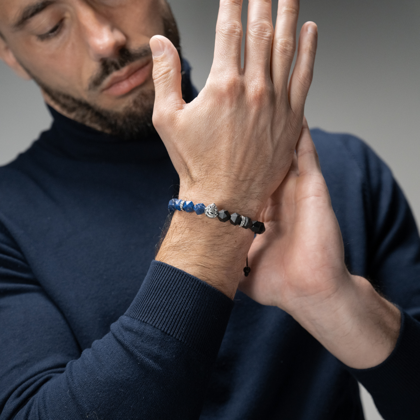 Men's LAPIS, ONYX Bracelet with Silver LION Head
