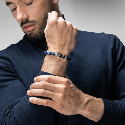 Men's LAPIS, ONYX Bracelet with Silver LION Head