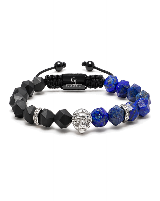 Lapis lazuli and black onyx beaded bracelet with silver lion face centerpiece