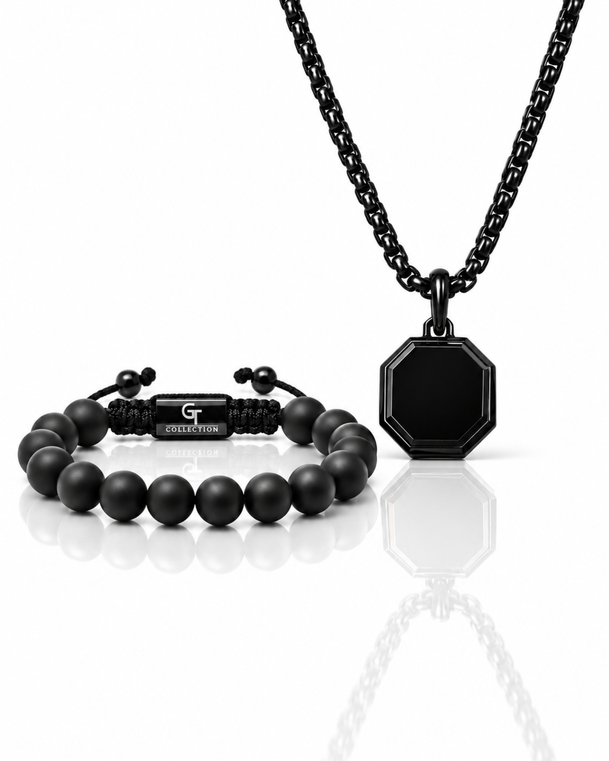 Black onyx beaded bracelet and hexagonal pendant necklace set with chain Immagine principale del prodotto