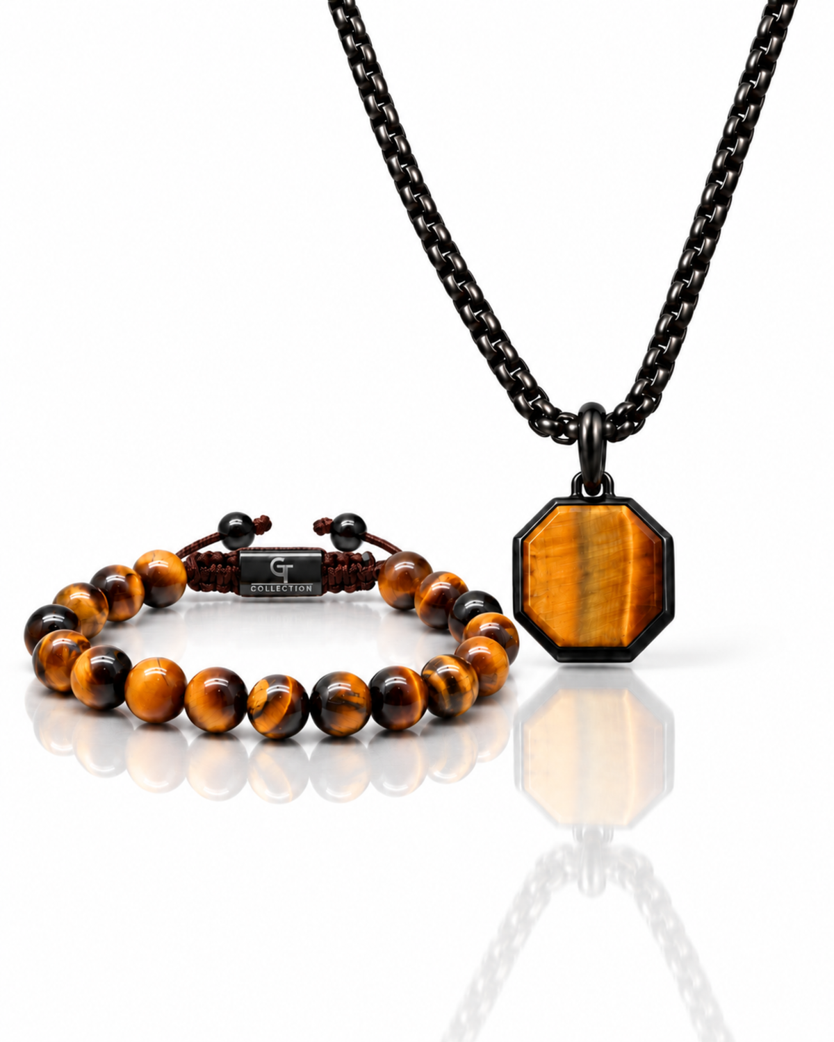 Tiger eye bracelet and hex pendant necklace set with black chain and beads Immagine principale del prodotto