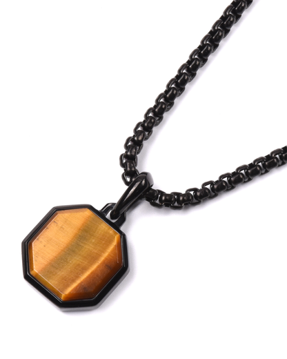 Men's Tiger Eye Necklace With Octagonal Pendant | Black Steel