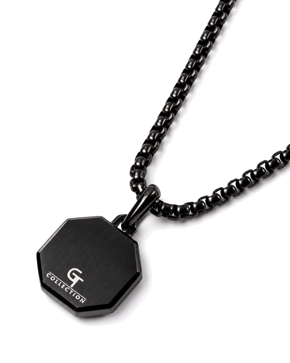 Black chain necklace with octagonal amber tiger-eye pendant and black tag clasp