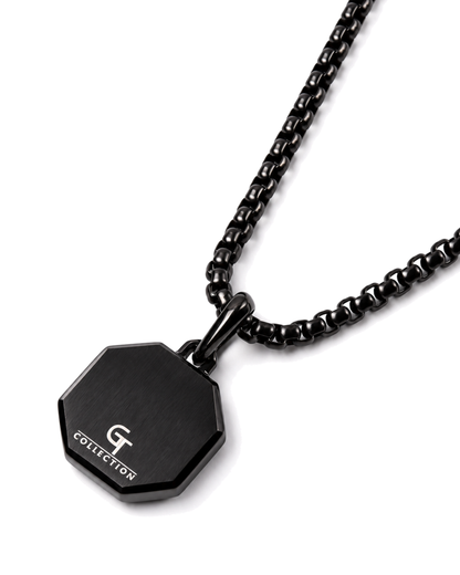 Black chain necklace with octagonal amber tiger-eye pendant and black tag clasp