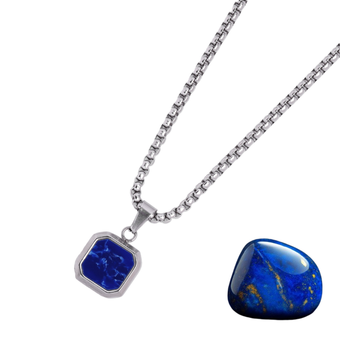 Silver Necklace with Square Lapis Lazuli Pendant