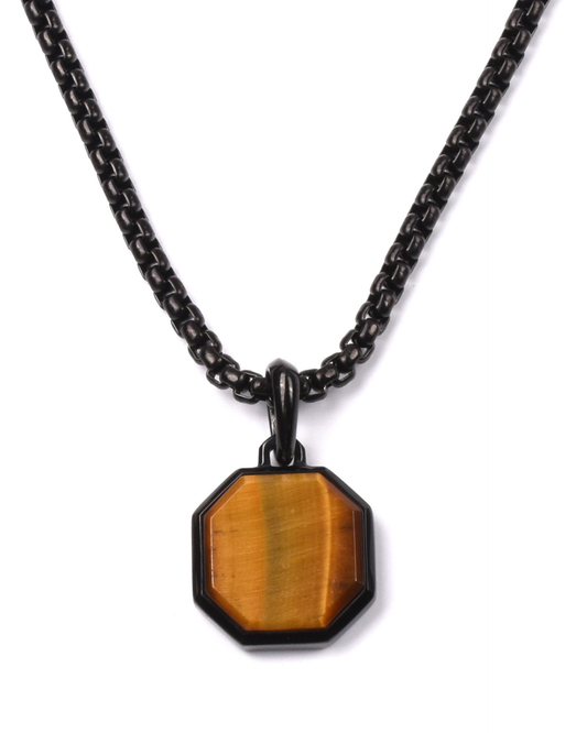 Octagonal tiger eye pendant necklace with black steel chain