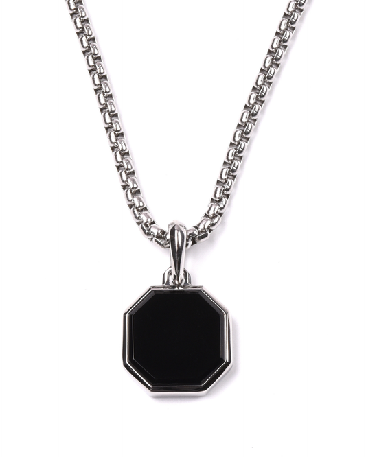 Silver steel necklace with black octagonal onyx pendant and curb chain
