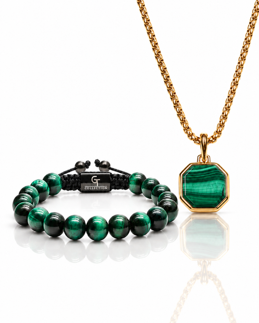 Green Tiger Eye Bracelet & Malachite Necklace Set