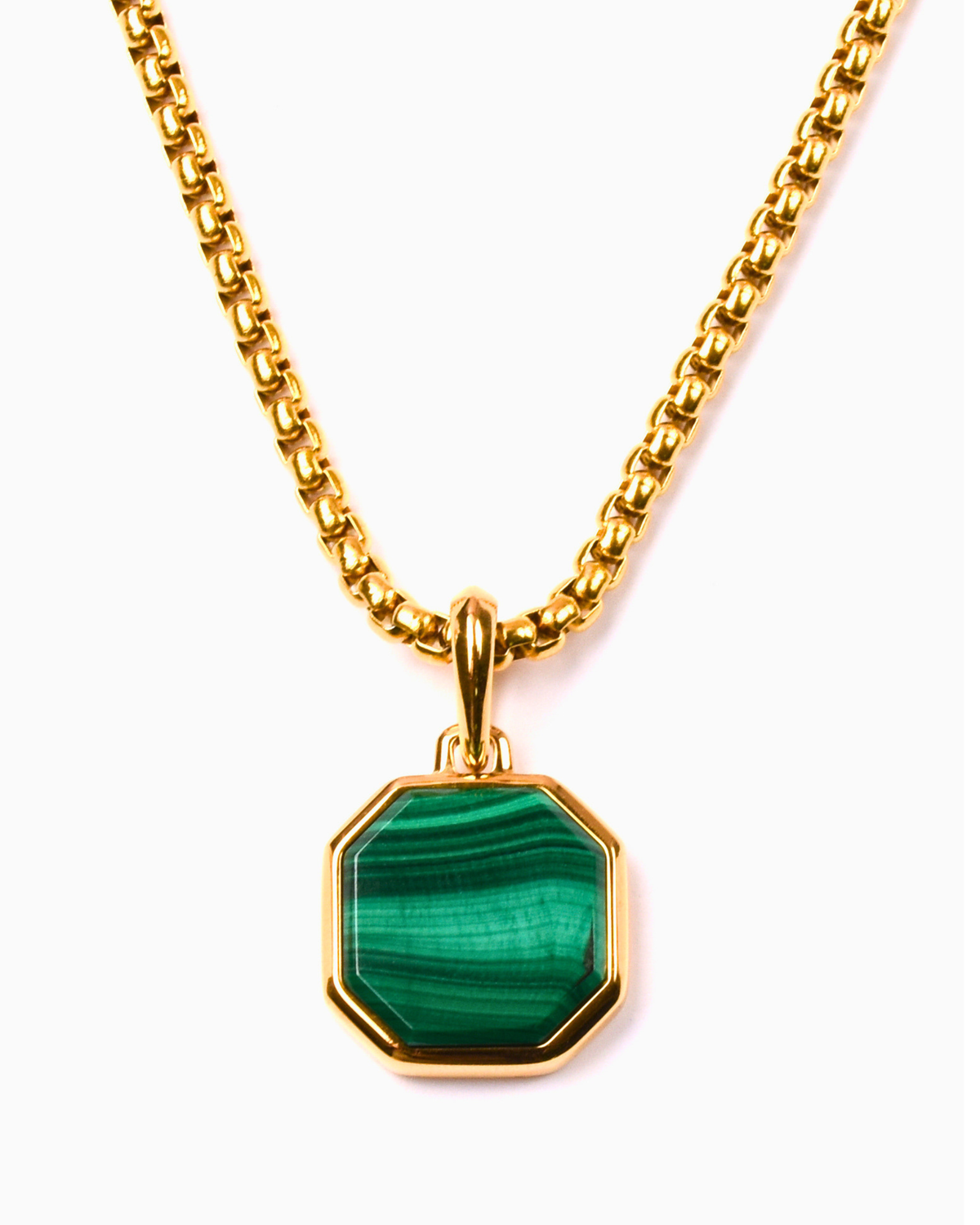 Men's Malachite Necklace With Octagonal Pendant | Gold Steel