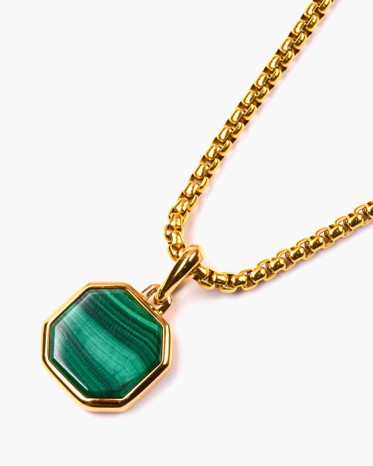 Men's Malachite Necklace With Octagonal Pendant | Gold Steel