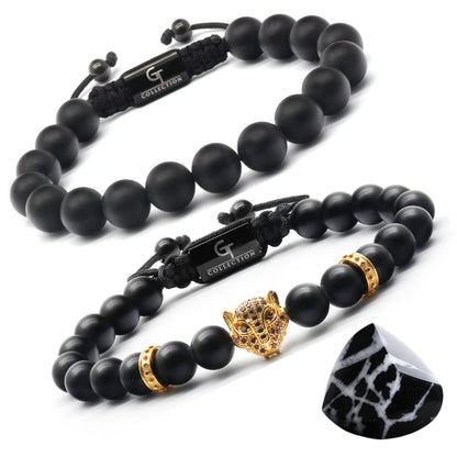2 Piece Set - Black Onyx Bracelets for Men | Golden Arabian Leopard Stack