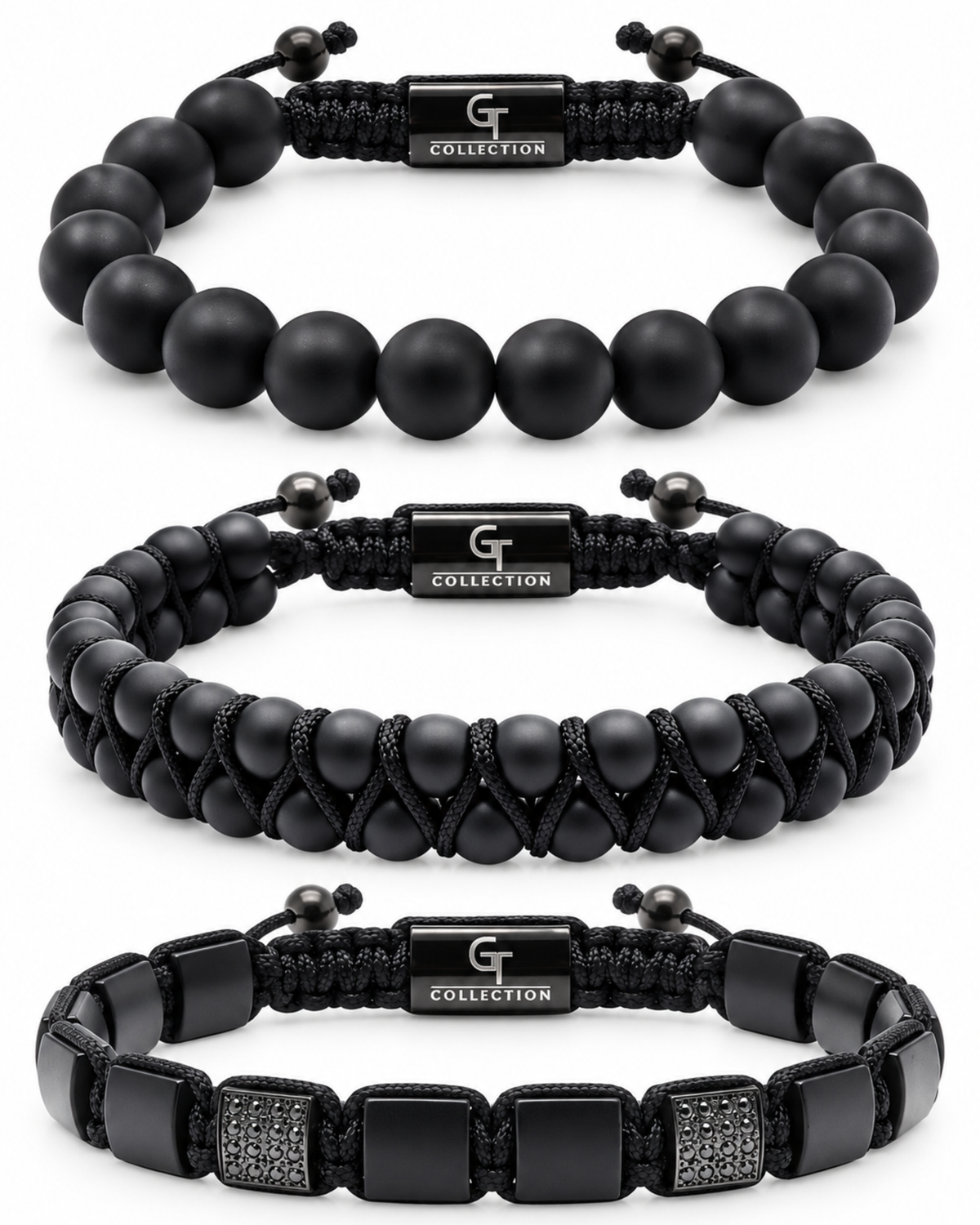 Black onyx bracelet set of three: bead, braided, and textured bead styles with clasp details Immagine principale del prodotto