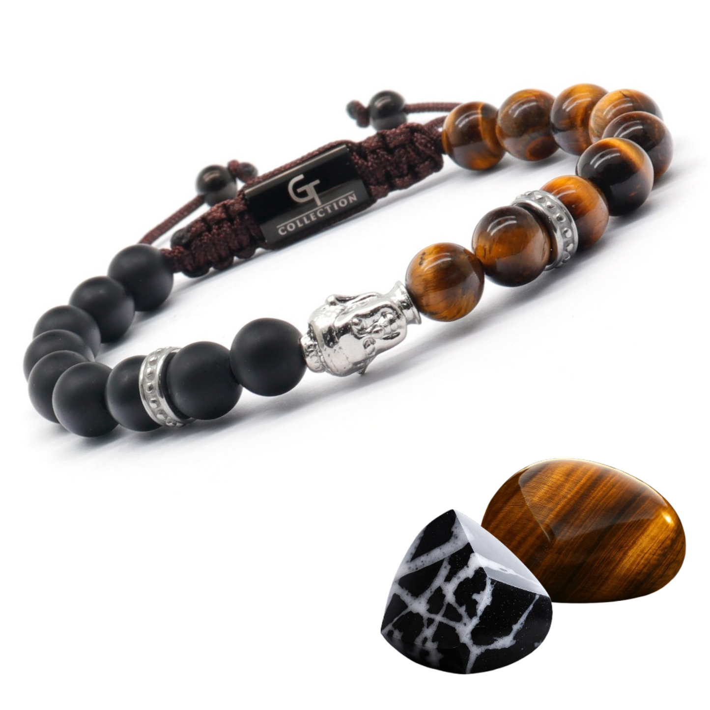 Men's Silver Buddha Bead Bracelet with TIGER EYE and ONYX Stone