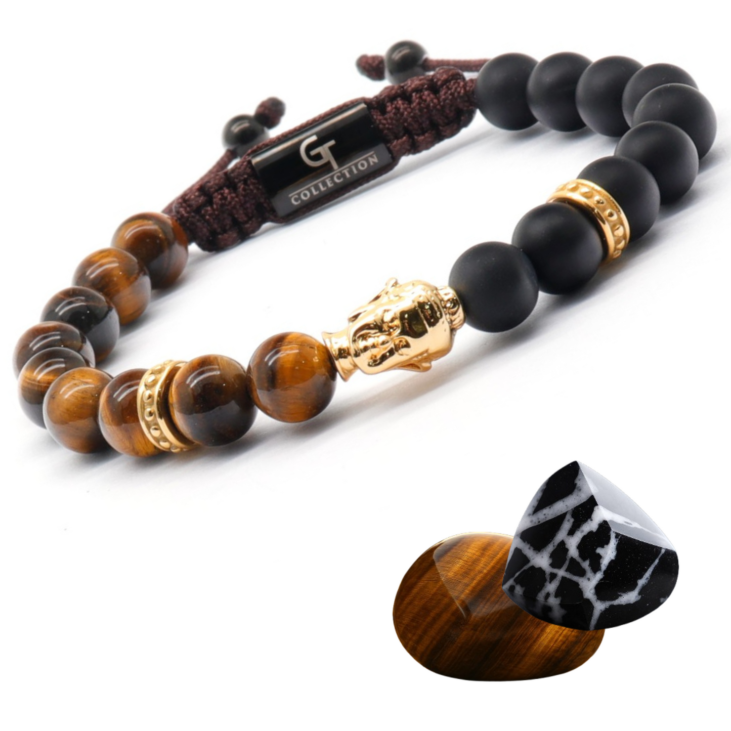 Men's Golden Buddha Bead Bracelet with TIGER EYE and ONYX Stone