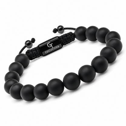 Matte black bead bracelet with braided cord and black square metal logo clasp