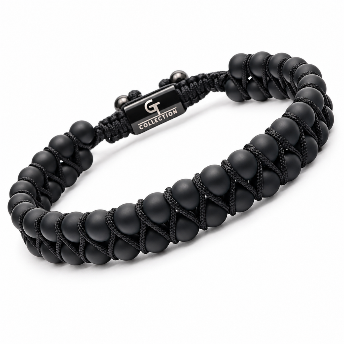 Men's black double bead bracelet with woven cord strap and metal logo tag