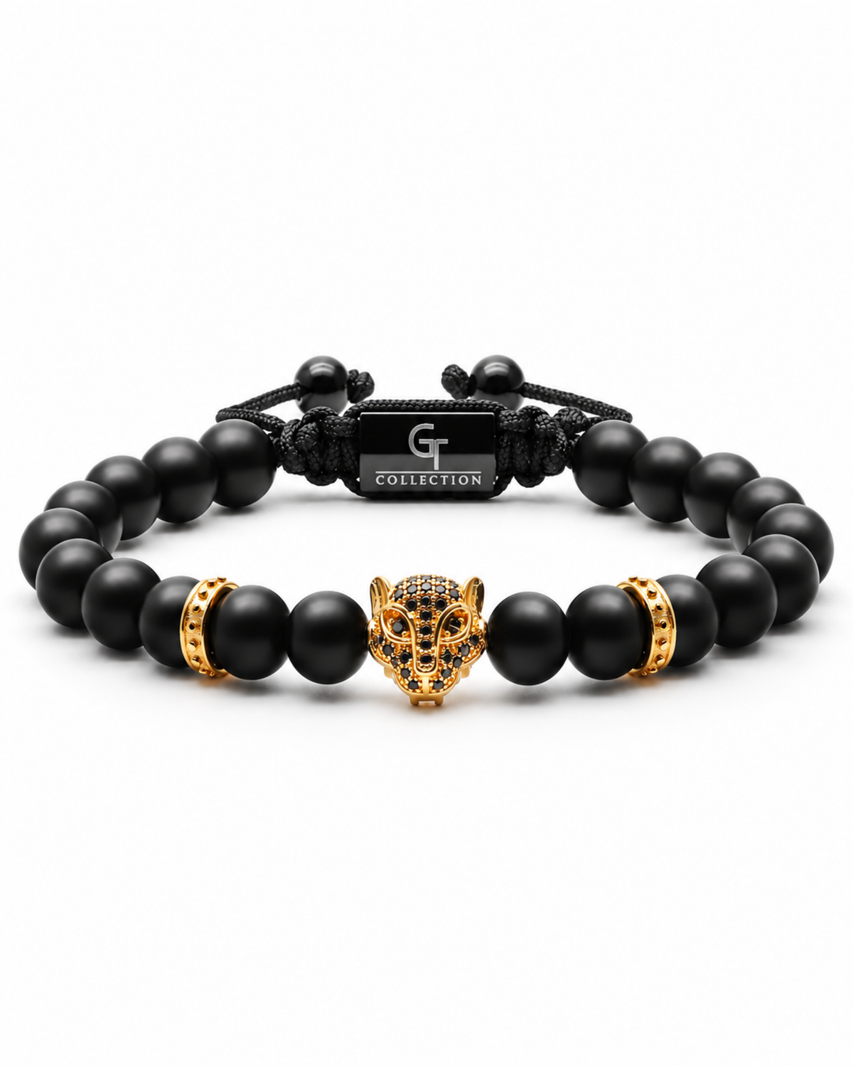 Black bead bracelet with gold leopard head centerpiece and gold barrel spacers