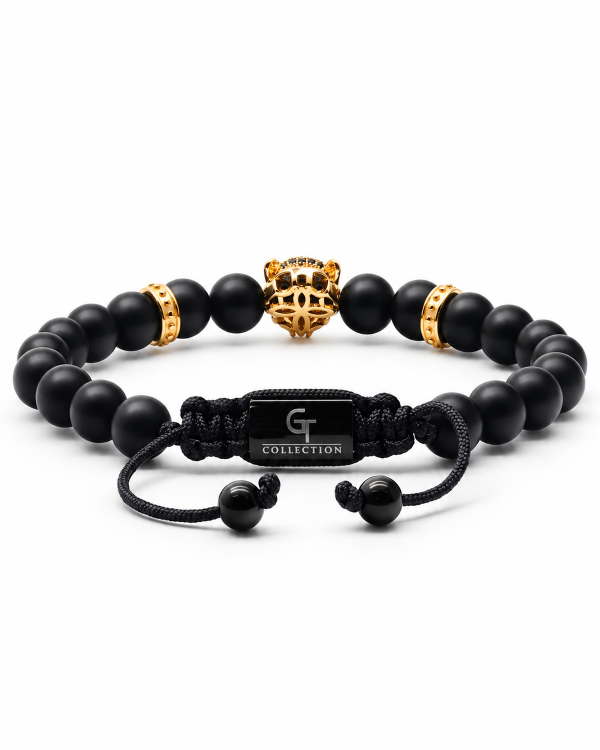 Black beaded bracelet with gold leopard charm, gold spacers, and black cord clasp
