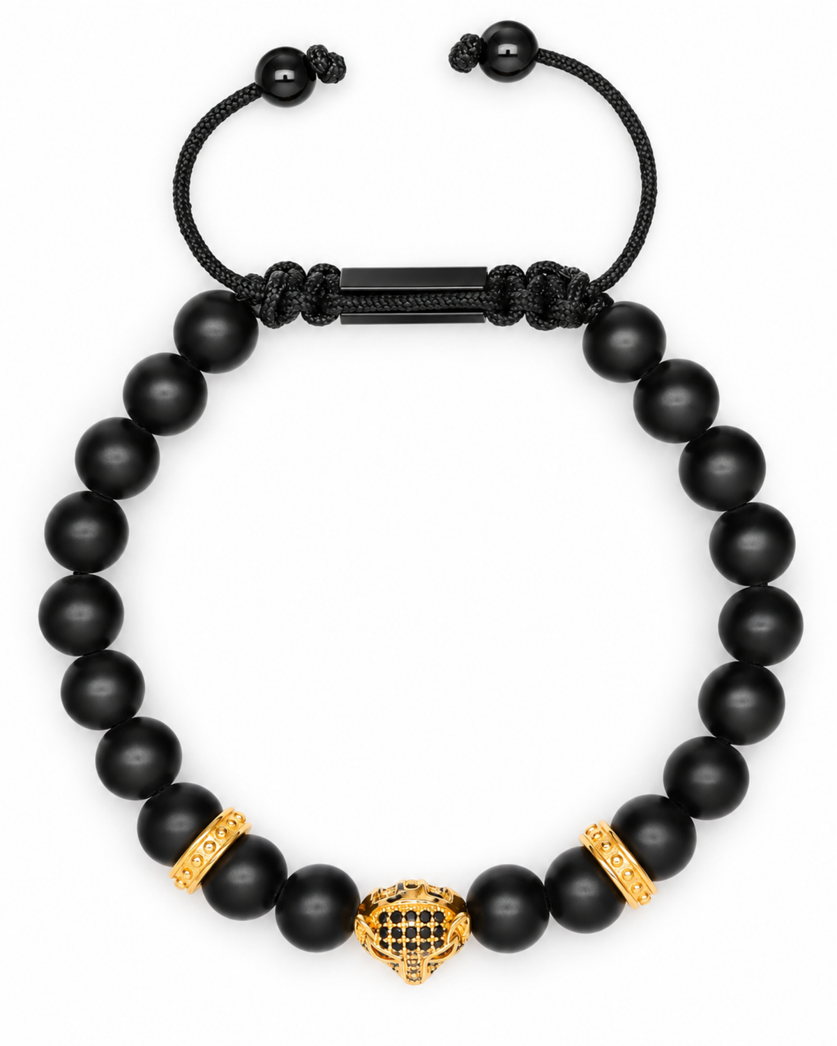 Black bead bracelet with gold leopard charm and black cord center clasp