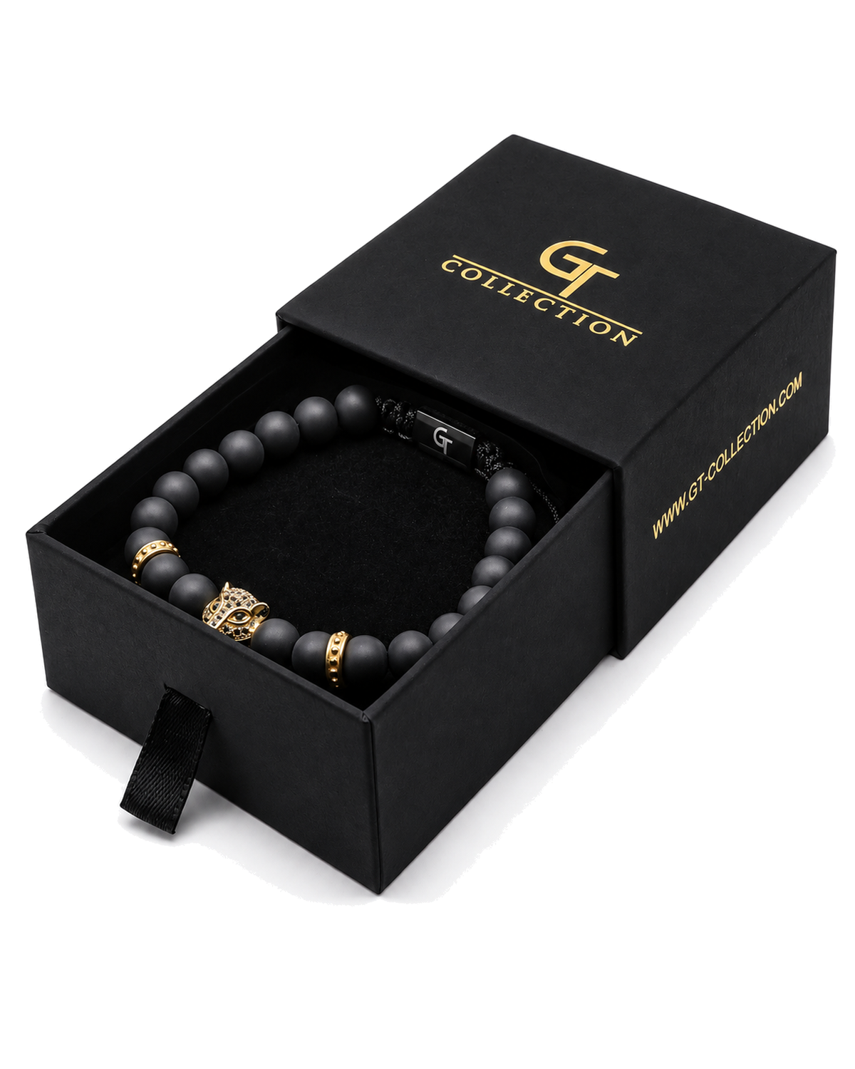Black bead bracelet with gold leopard centerpiece in black gift box
