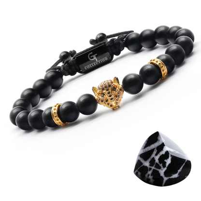 Men's BLACK ONYX Bracelet With Golden LEOPARD Head